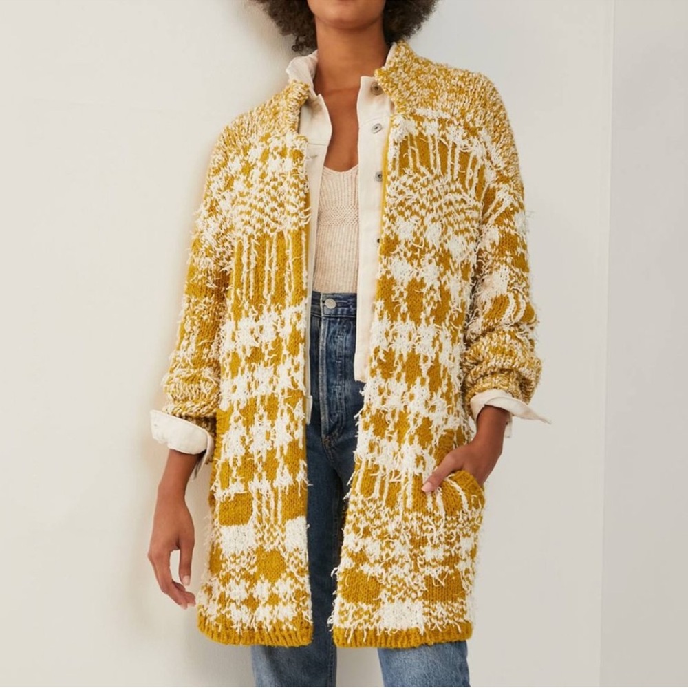 Anthropologie Shaina Sweater Knit Coat fits Medium or Large Gold White NWOT